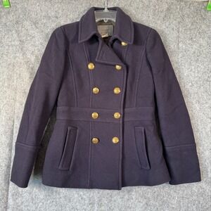 J Crew Stadium Cloth Nello Gori Wool Pea Coat Womens 2 Navy Nautical Gold Preppy